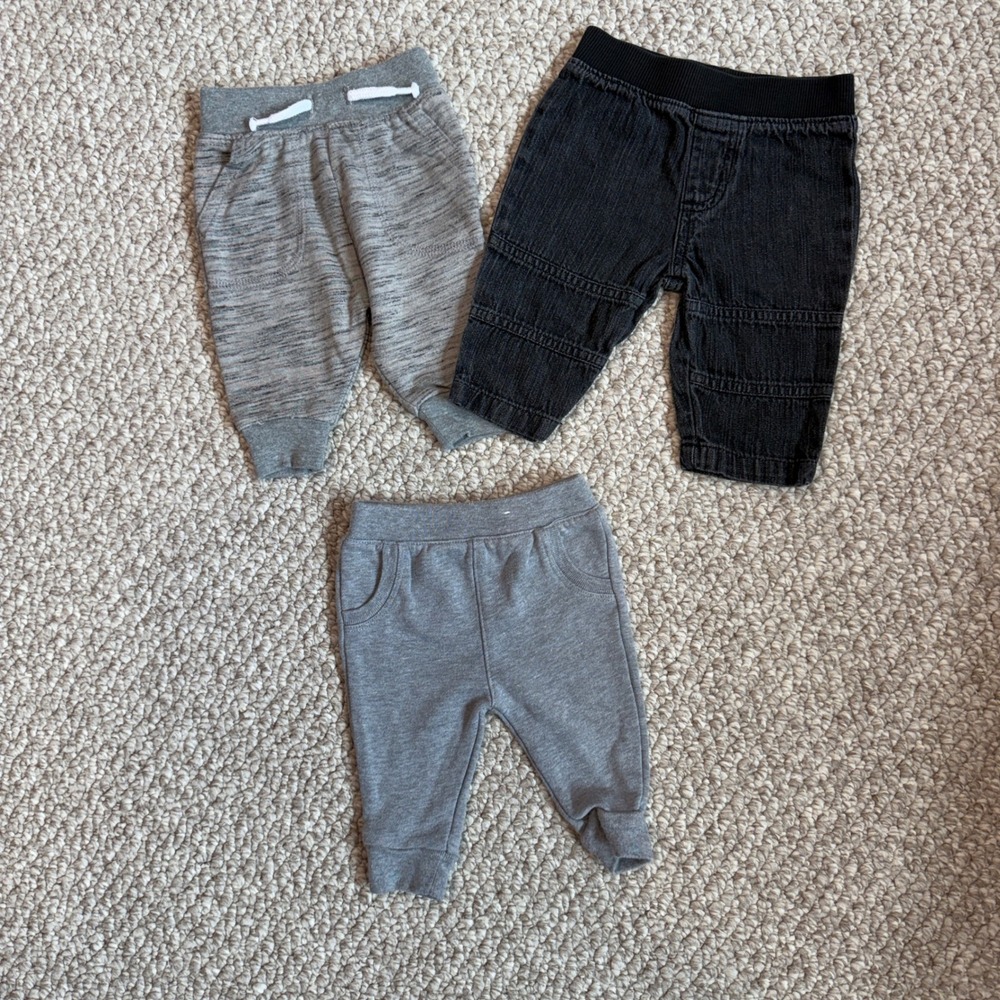 Baby Boys Jogger Pants Lot of 3 Gray Black Denim Size 0-3 Months